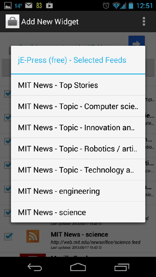 List of Selected RSS Feeds for New Widget